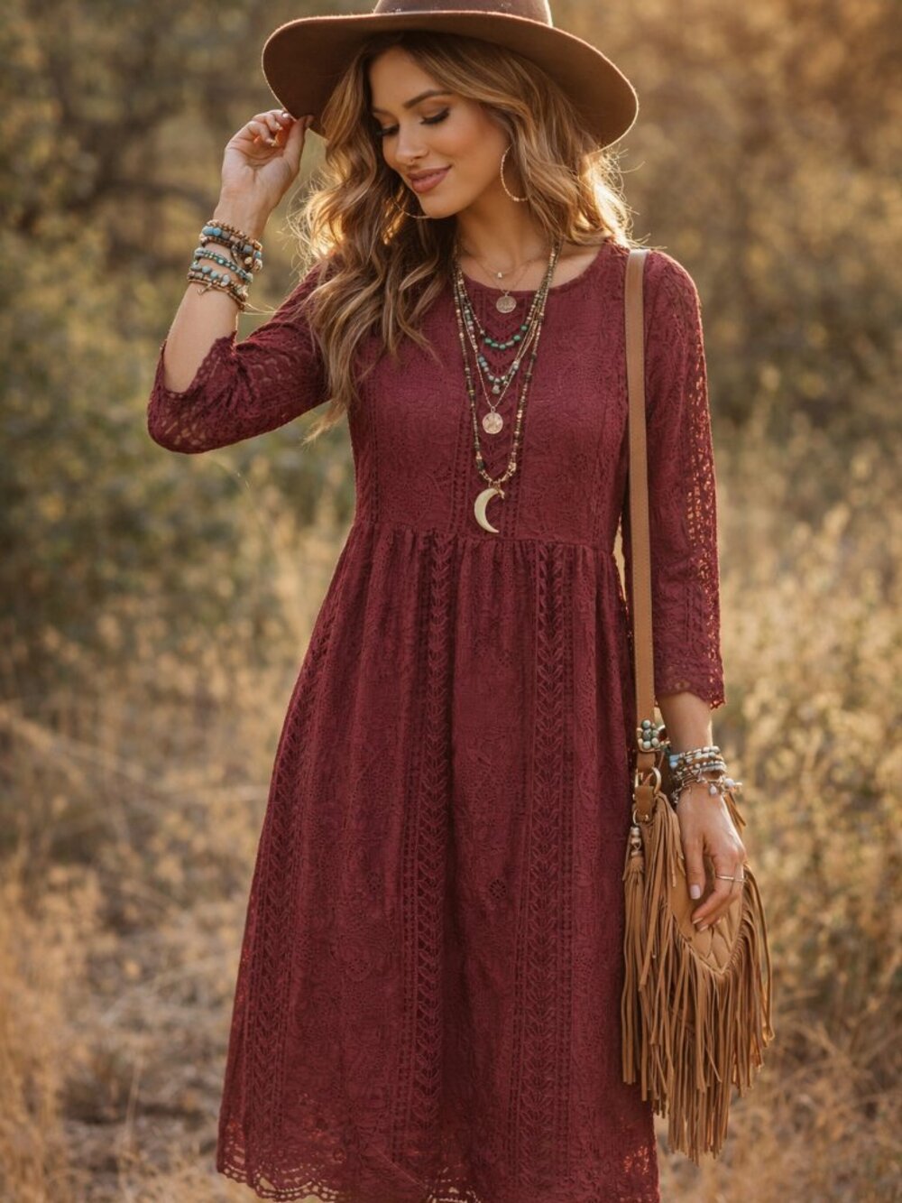 Journey Five Red Maroon Crochet Lace Midi Dress 100% Cotton